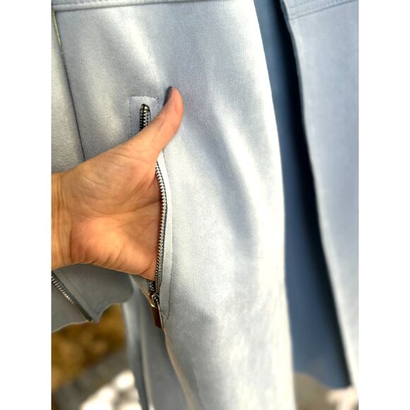 Magaschoni Light Blue Microsuede Open Front Belted Long Duster Coat Size M - Picture 4 of 8